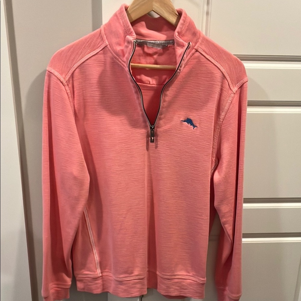 Tommy Bahama Men’s Tobago Bay Pink Quarter-Zip Pullover with Blue Logo